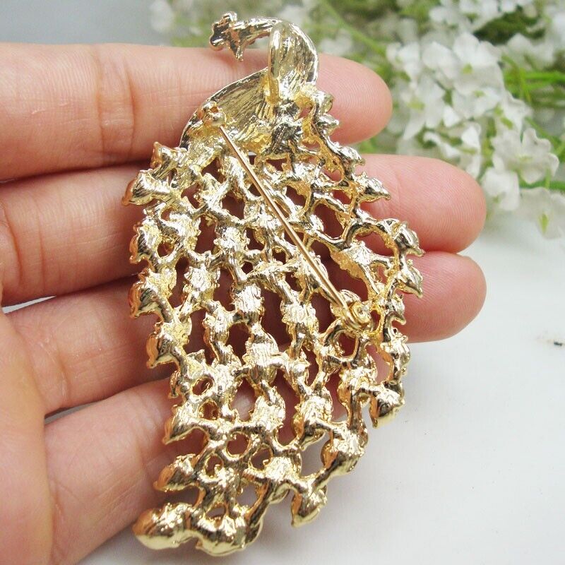 Brass 4.33ctw Rhinestone Vintage Peacock Bird Pendant Brooch for Women