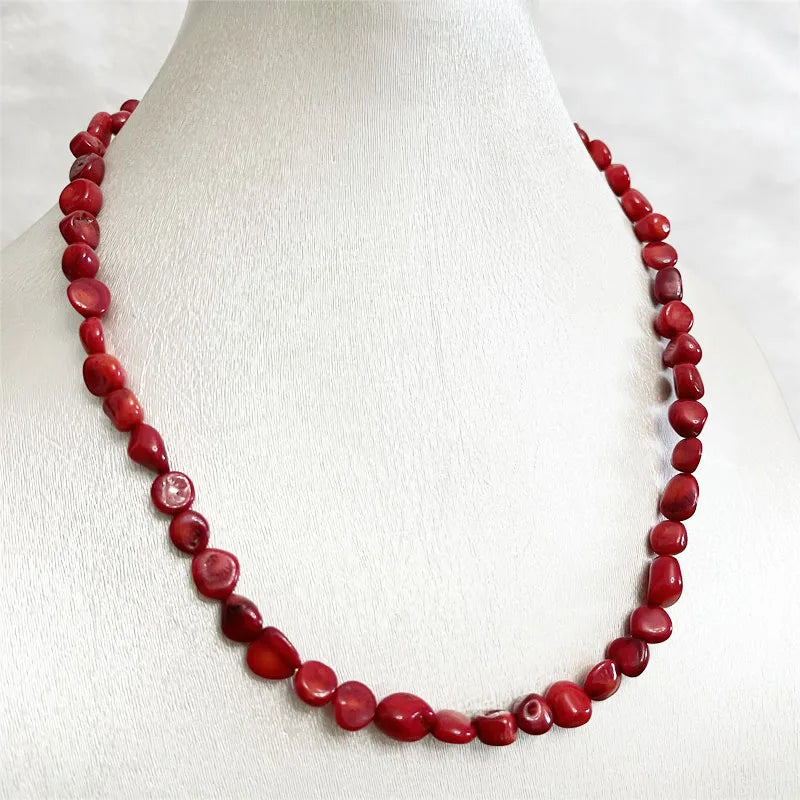 Sterling Silver Irregular Nugget Red Coral Necklace, Genuine Natural Stone, 1.5-2 ctw for Women