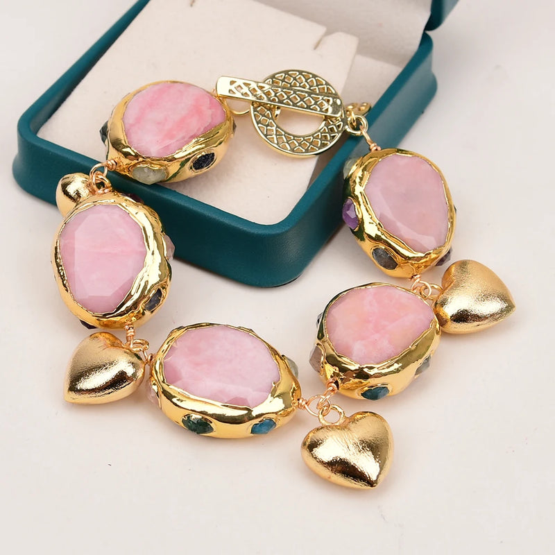 Gold Plated Multi Quartz Rhodochrosite Heart Charms Bracelet for Women