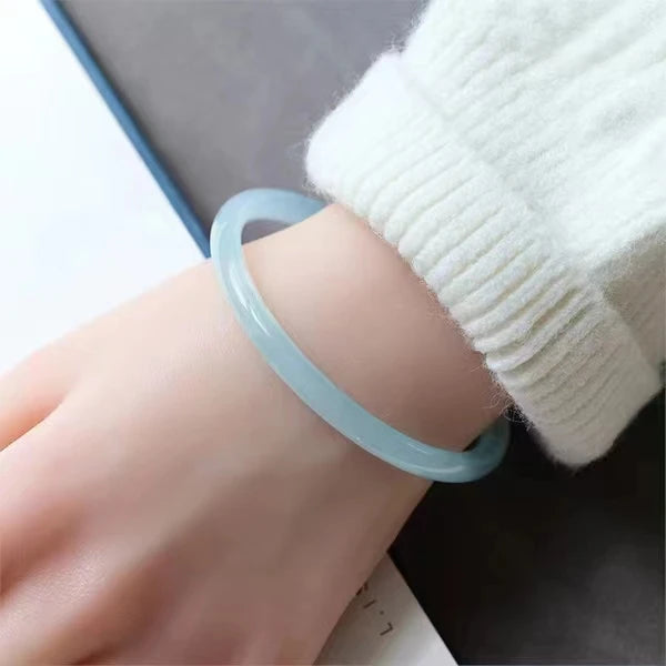 Sterling Silver Natural Chalcedony Round Bar Bangle Bracelet for Women