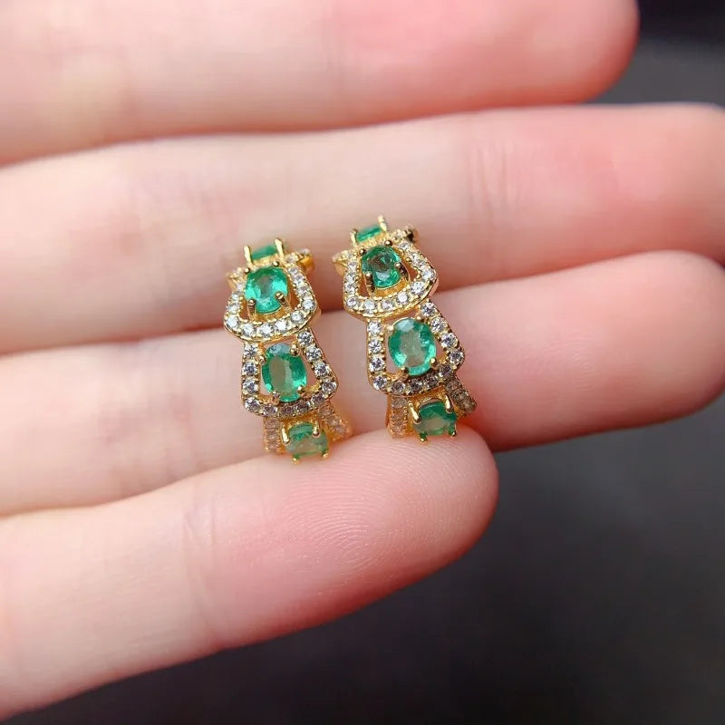 Sterling Silver Natural Emerald Diamond Earrings for Women