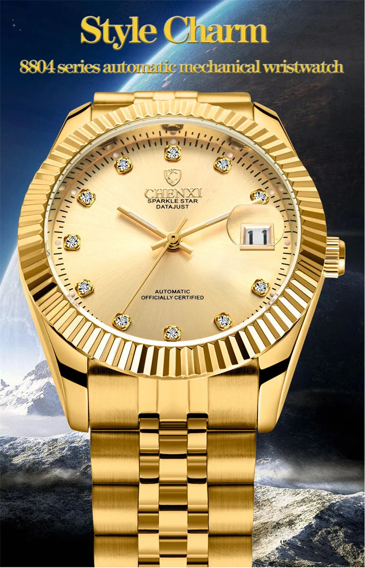 Gold Steel Band Mechanical Watch for Men