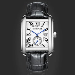 Stainless steel leather strap square dial luminous quartz watch for men.