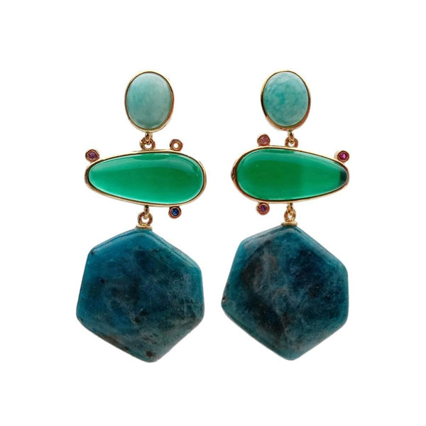 YYING Hexagon Shape Blue Apatite Green Amazonite Agate Dangle Stud Earrings Gemstone Earrings