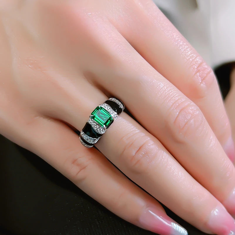 925 Sterling Silver Emerald Ring with Diamond Accents, Zebra Pattern, Retro Style for Women