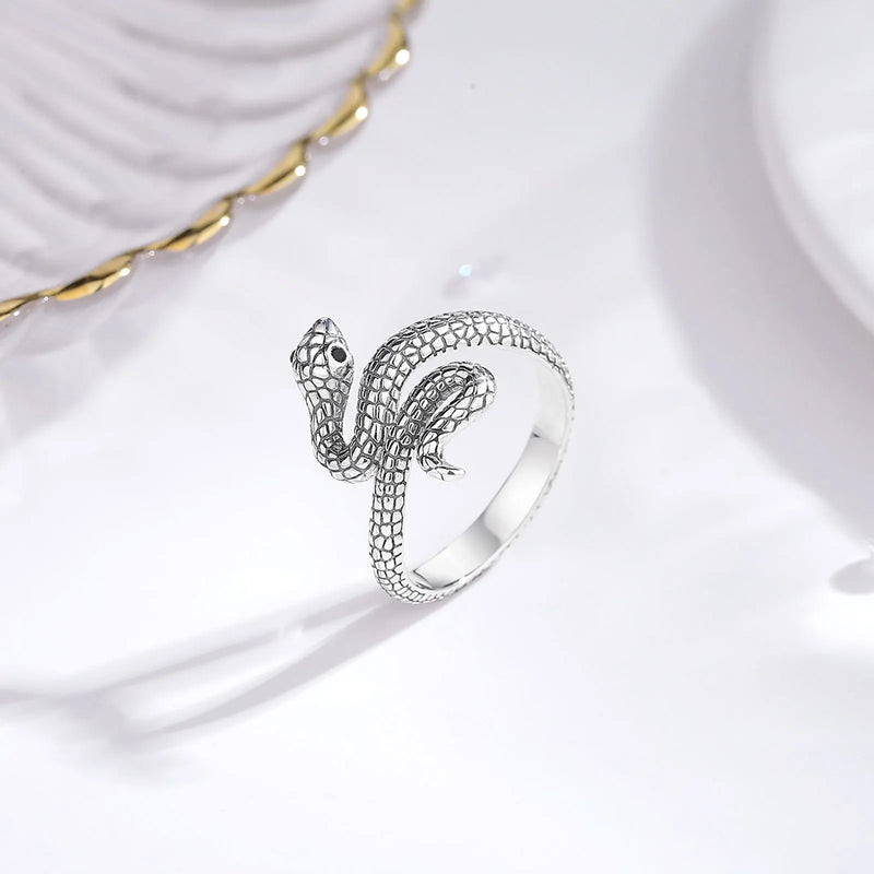 Sterling Silver Snake Ring Black Zircon for Women