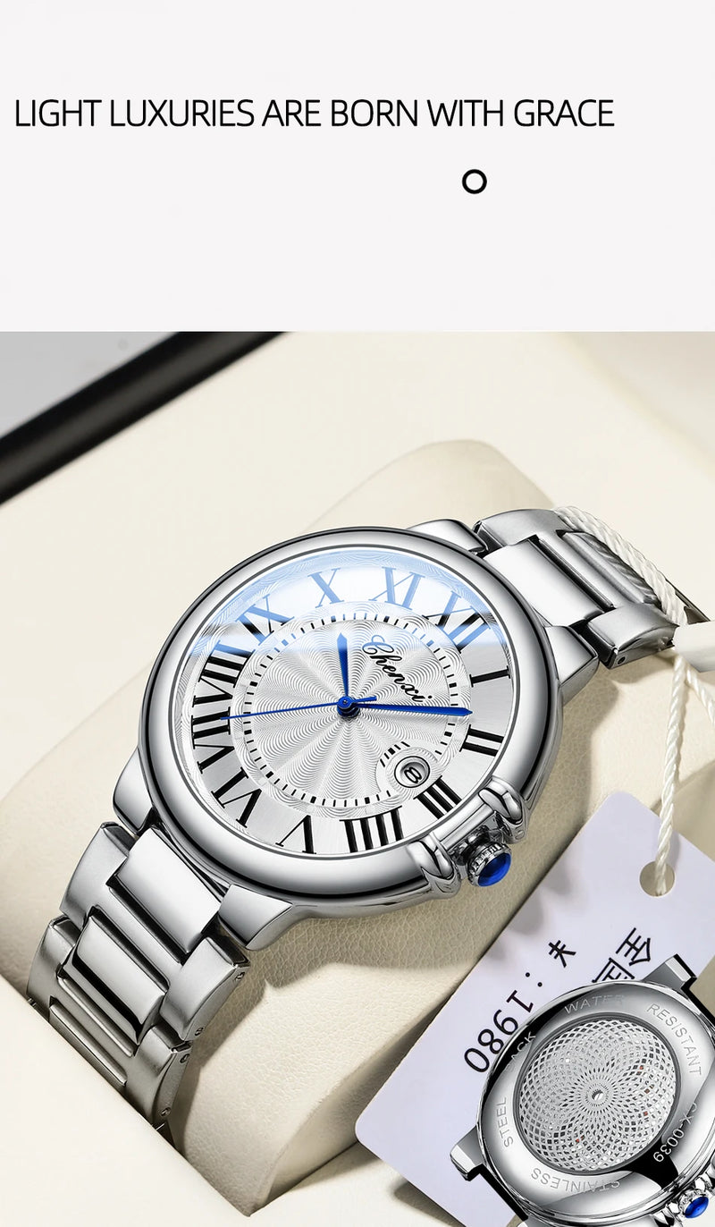 Stainless Steel Silver Waterproof Luminous Quartz Calendar Watch for Men