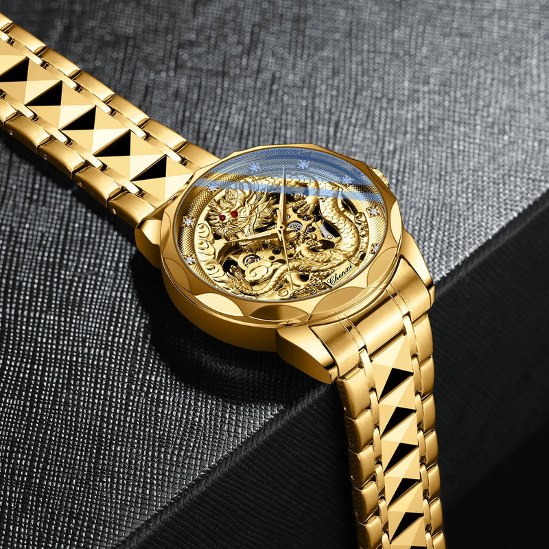 Gold Stainless steel 3D embossed dragon pattern automatic mechanical watch for Men