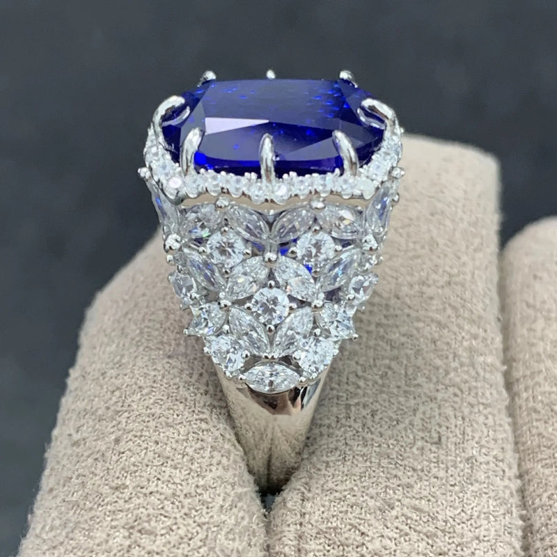 925 Sterling Silver Lab Sapphire High Carbon Diamonds Wedding Engagement Cocktail Ring