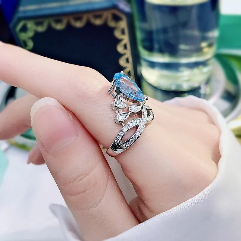 Sterling Silver Blue Topaz Crown Ring for Women