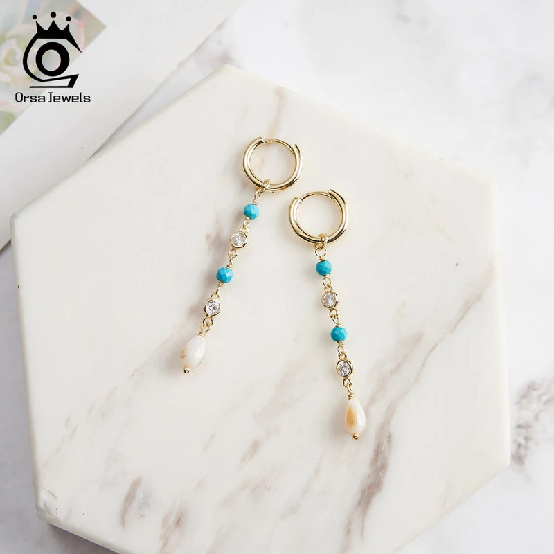 925 Sterling Silver Turquoise Dangle Earrings with Zirconia for Women