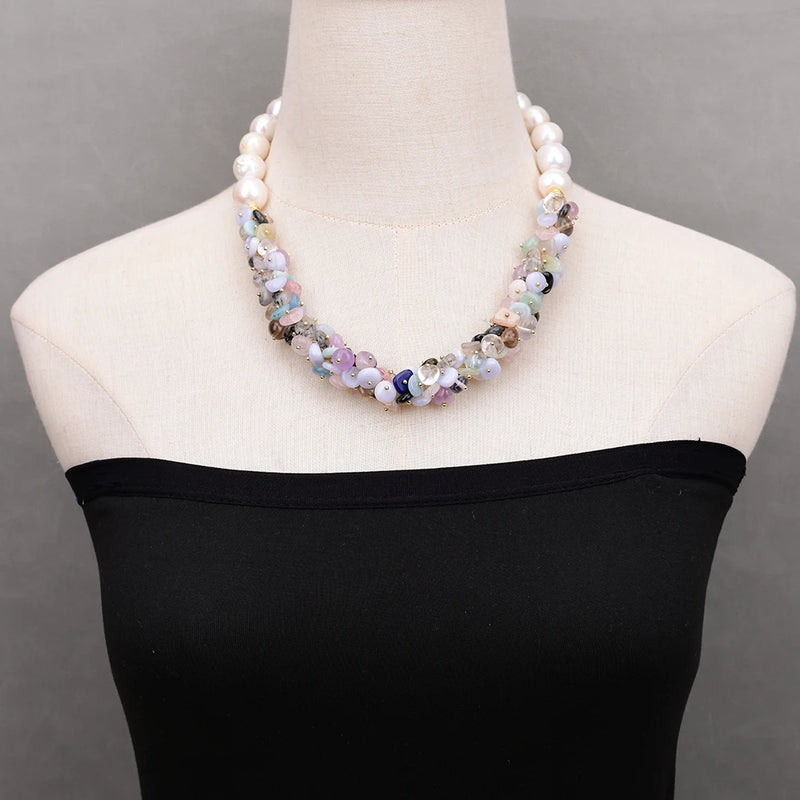 Silver Natural Mix Gems Stone Cultured Big White Keshi Pearl Choker Necklace for Women