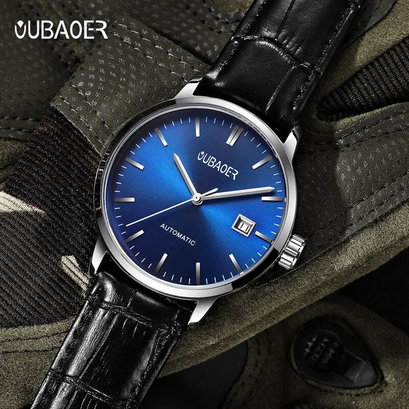 Stainless Steel Leather Strap Automatic Mechanical Wristwatch for Men