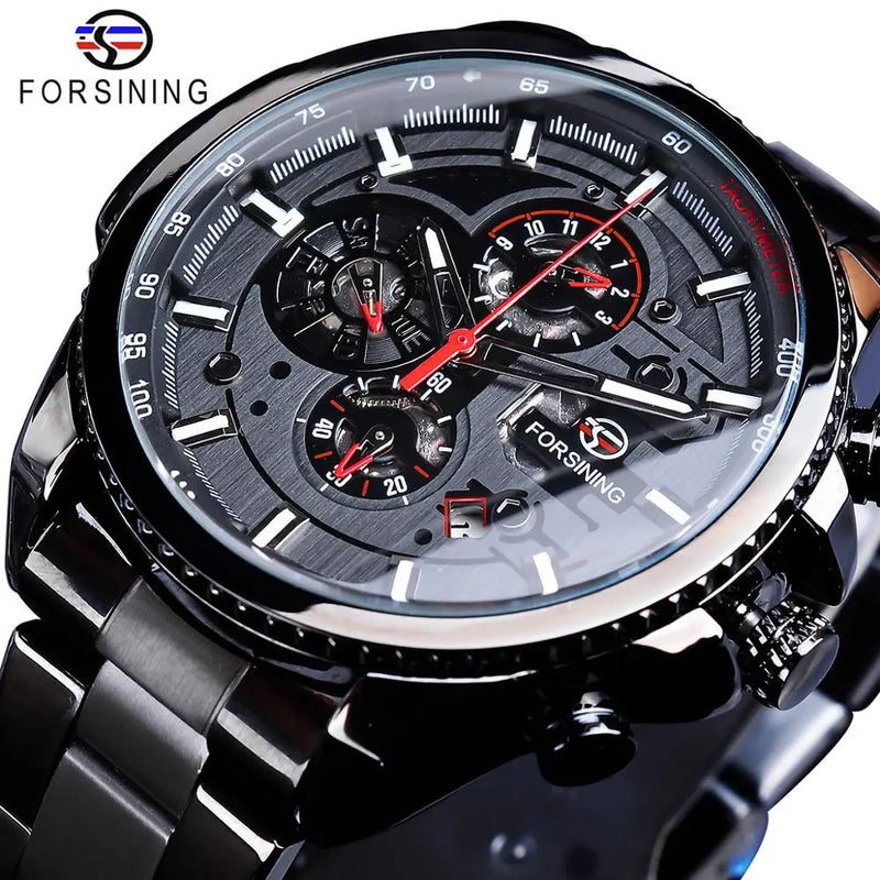 Stainless Steel Three Dial Calendar Mechanical Wrist Watch for Men