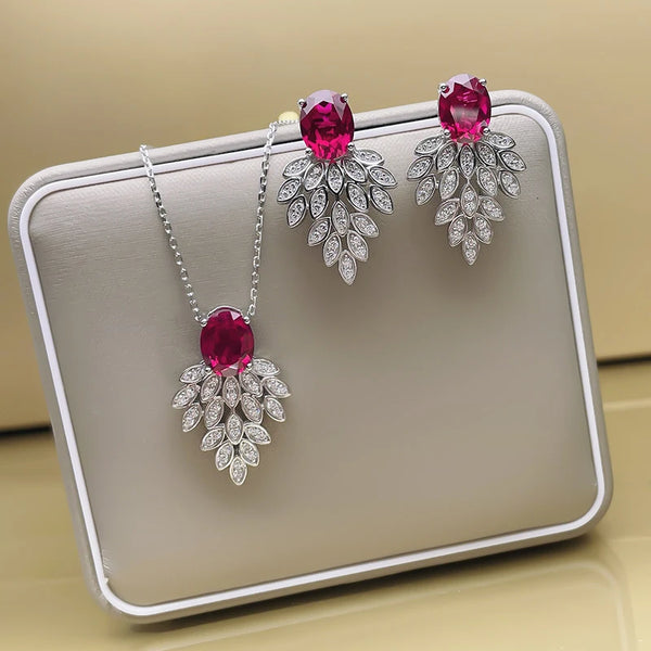 Sterling Silver Simulated Ruby and Diamond Earrings and Necklace Set for Women