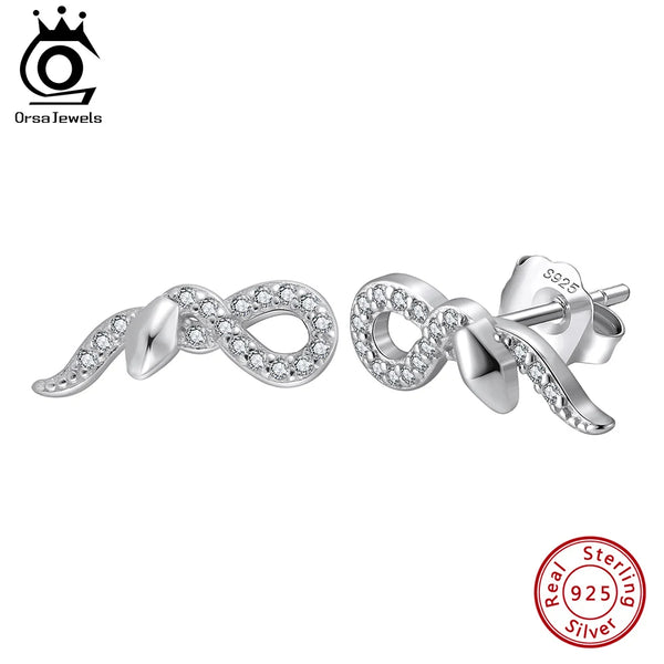 925 Silver Snake Stud Earrings with Cubic Zircon for Women