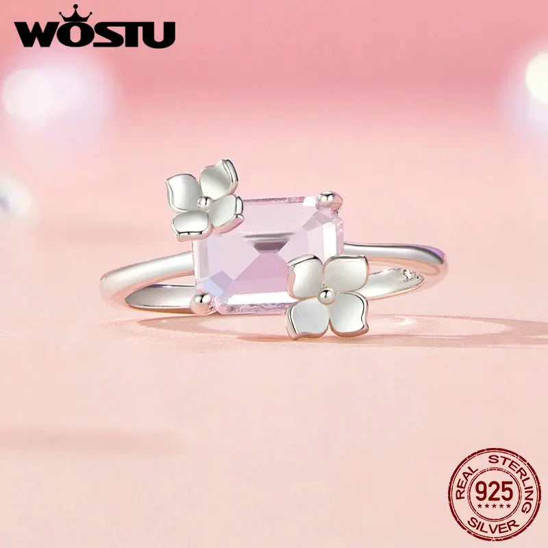 925 Sterling Silver Pink Rectangle Crystal Flower Ring for Women