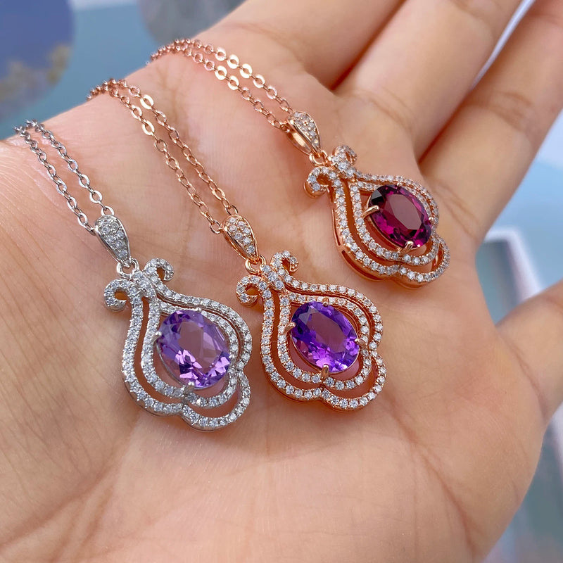 925 Sterling Silver Rose Gold Plated Amethyst Pyrope Zircon Pendant Necklace for Women