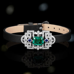 925 Sterling Silver Emerald and Lab Sapphire Cowhide Bracelet Bangle for Women