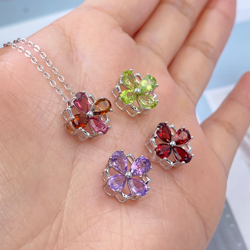 Sterling Silver 925 Natural Purple Amethyst Peridot Garnet Tourmaline Necklace for Women