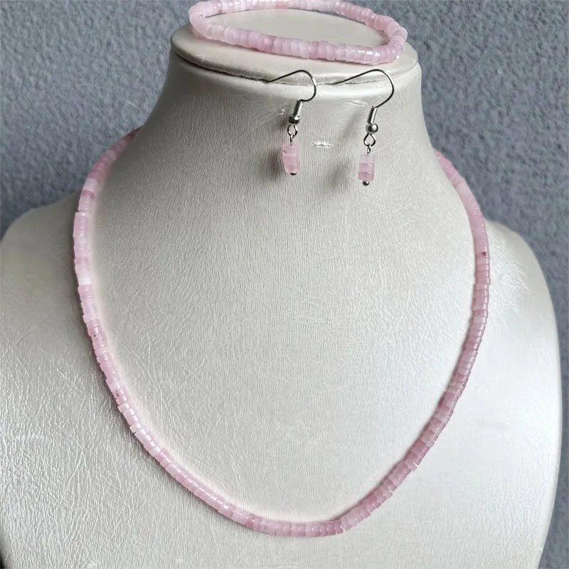 Sterling Silver Pink Quartz Necklace, Earrings, Bracelet & Choker Set for Women