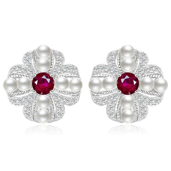 Sterling Silver Sapphire Ruby Pearl Flower Studs Earrings for Women