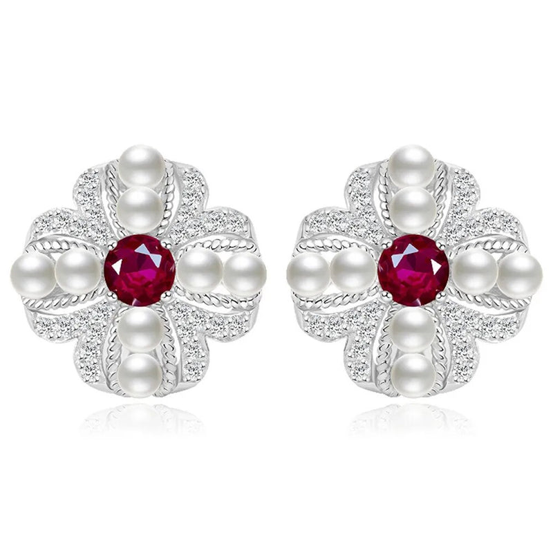 Sterling Silver Sapphire Ruby Pearl Flower Studs Earrings for Women