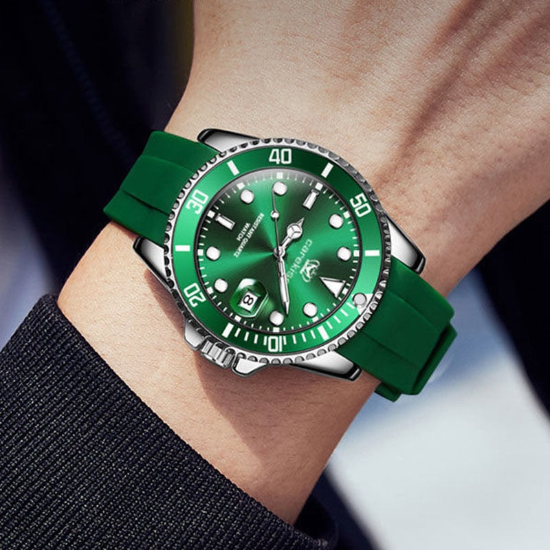 Silicone Strap Green Dial Diver Watch, Waterproof Date Quartz, Men