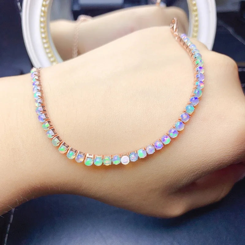 925 Silver Natural Opal Tennis Bracelet, 3mm x 3mm for Women.