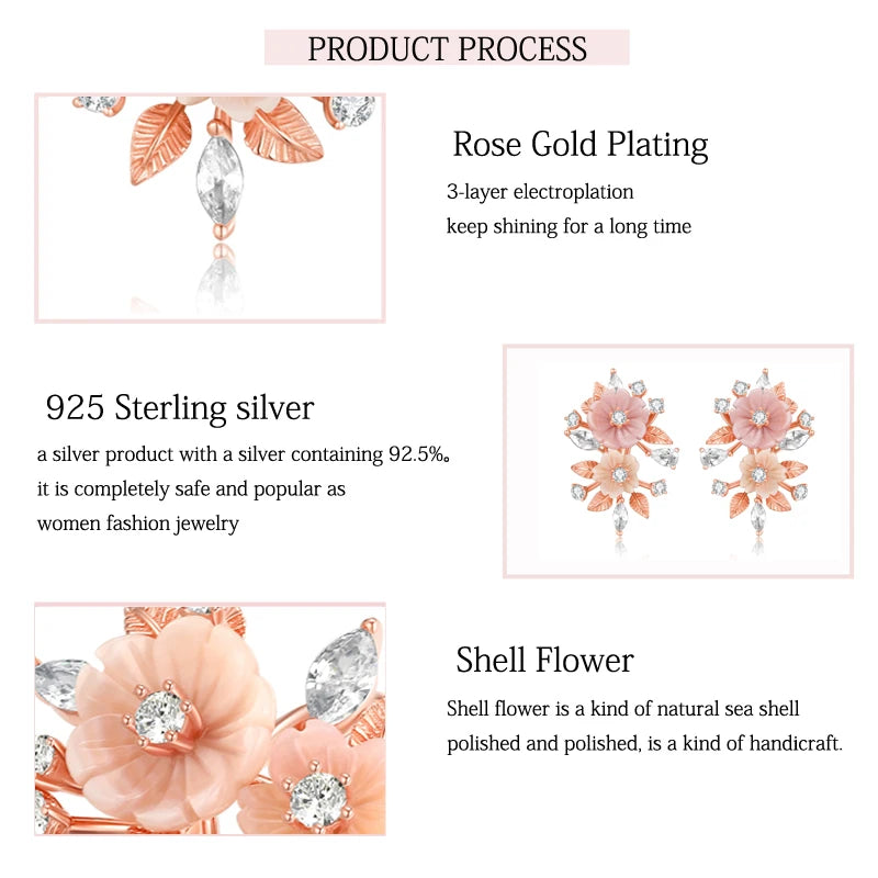 Sterling Silver Shell Flower Earring with Pink Zircon for Women