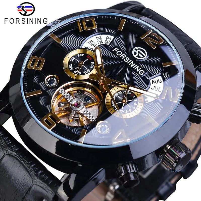 Stainless Steel Leather Strap Skeleton Flywheel Tourbillon Calendar Wristwatch for Men