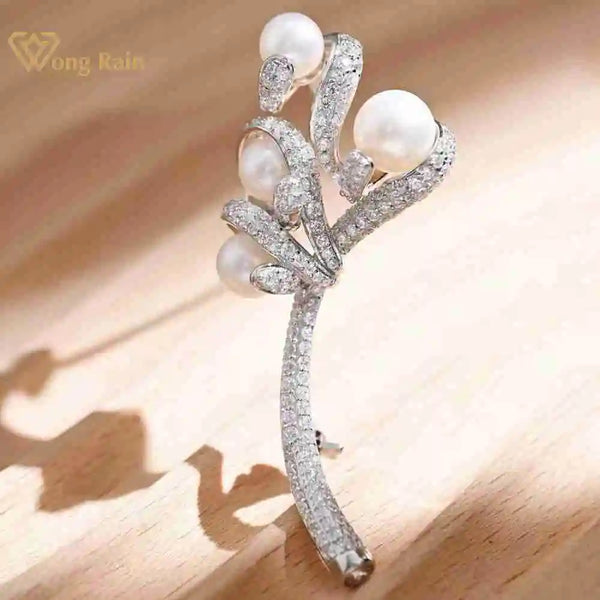 925 Sterling Silver Freshwater Pearl Sapphire Diamond Brooches for Women