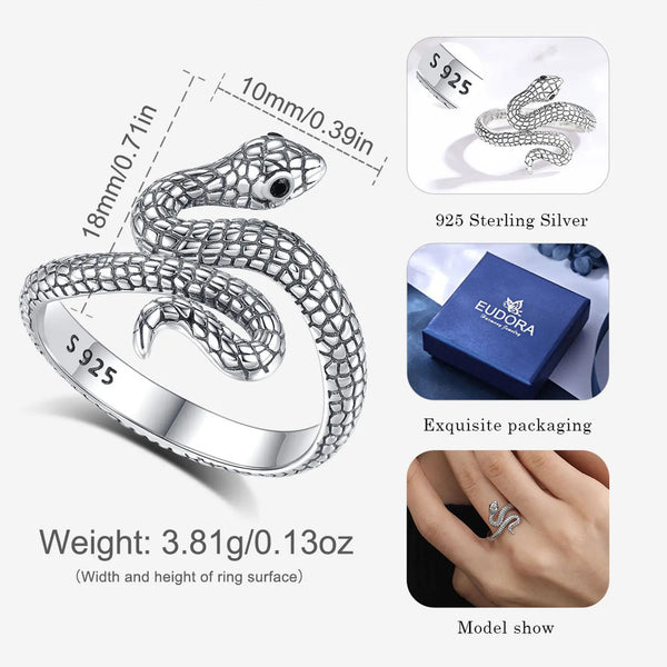 Sterling Silver Snake Ring Black Zircon for Women