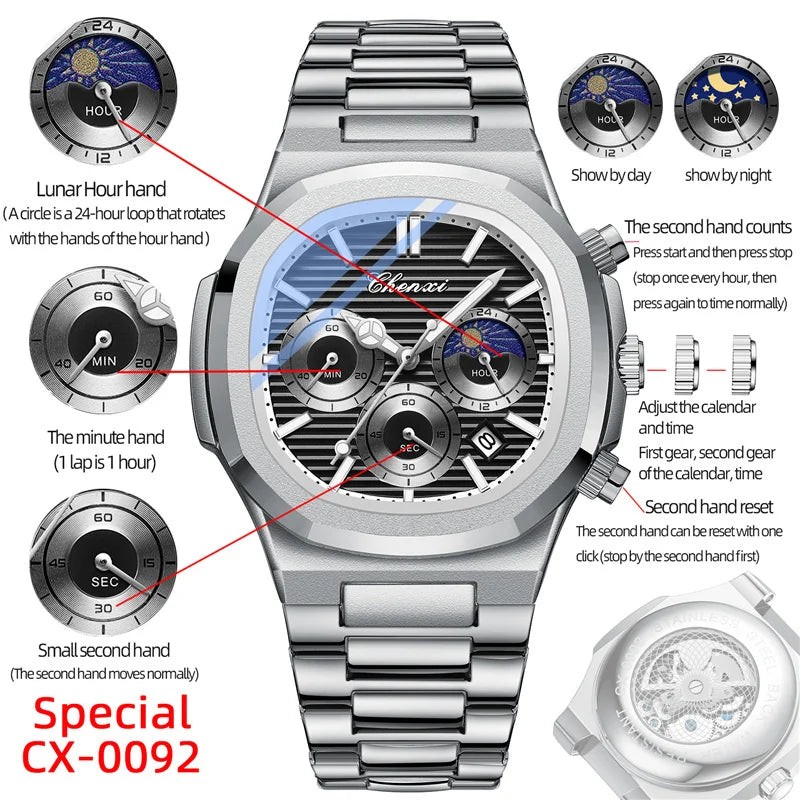 Stainless Steel Quartz Moon Phase Chronograph Watch for Men