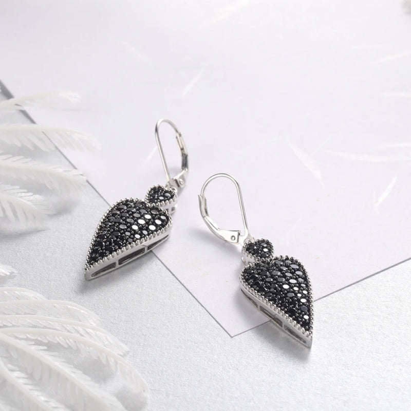 Sterling Silver 2.50 ctw Black Spinel Heart Drop Earrings for Women