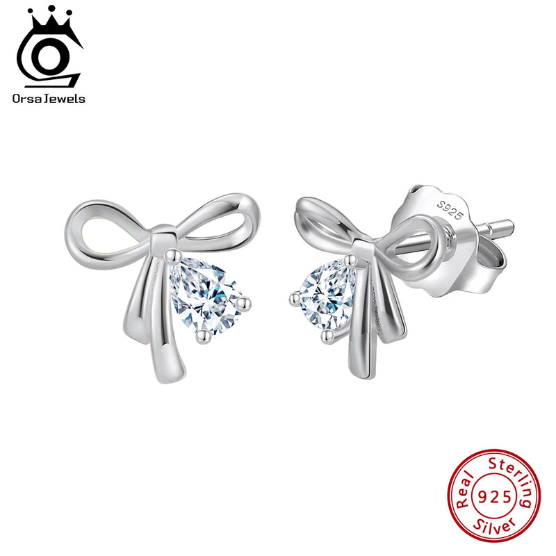 925 Silver Bowknot Stud Earring with Shiny Zircon Pendant for Women