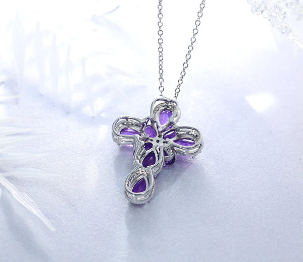 925 Sterling Silver Cross Pendant with 6.5 Carats Natural Peridot, Amethyst, Topaz for Women