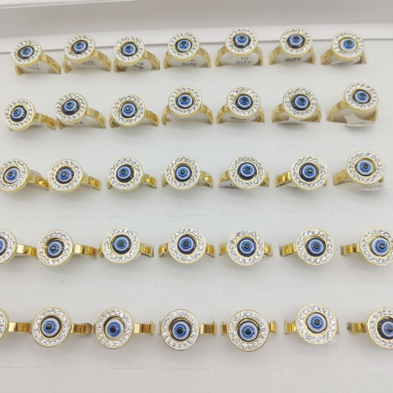 20pc/Lot Wholesale New Stainless Steel Finger Rings For Women Personality Blue Evil Eye Ring Men Silver Gold Color Jewelry Party