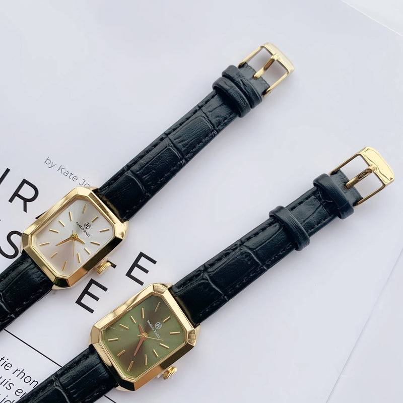 Luxury Women's Square Watch with Black Leather Strap and Small Dial