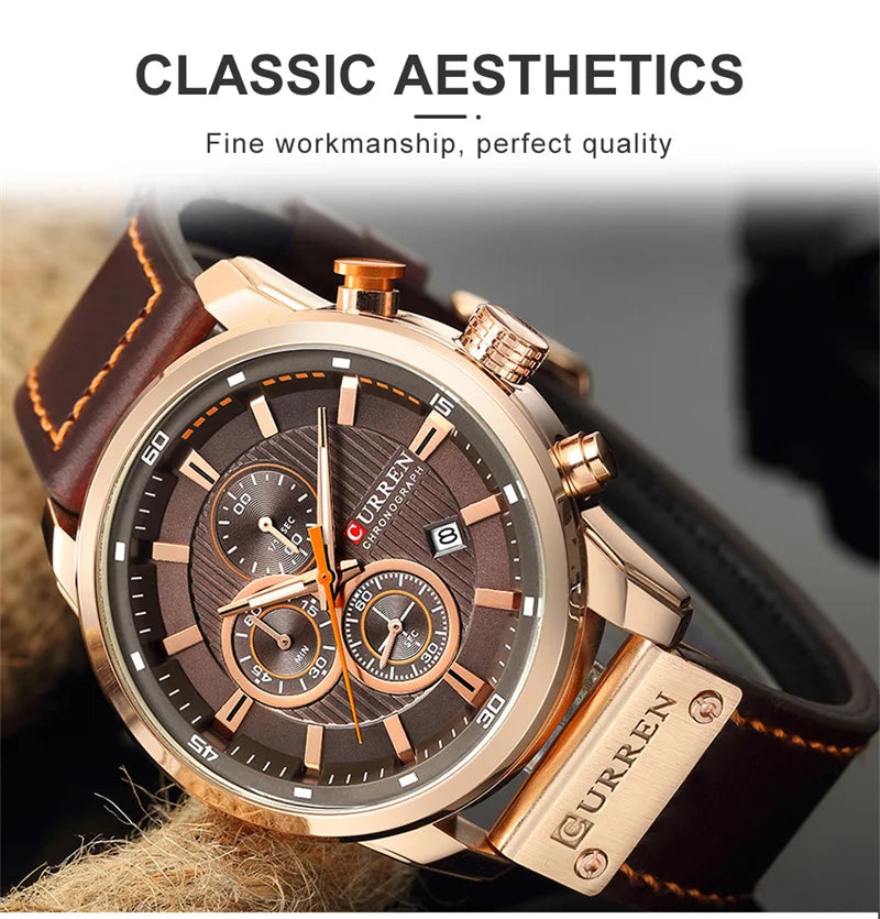 Stainless Steel Brown Leather Chronograph Watch for Men