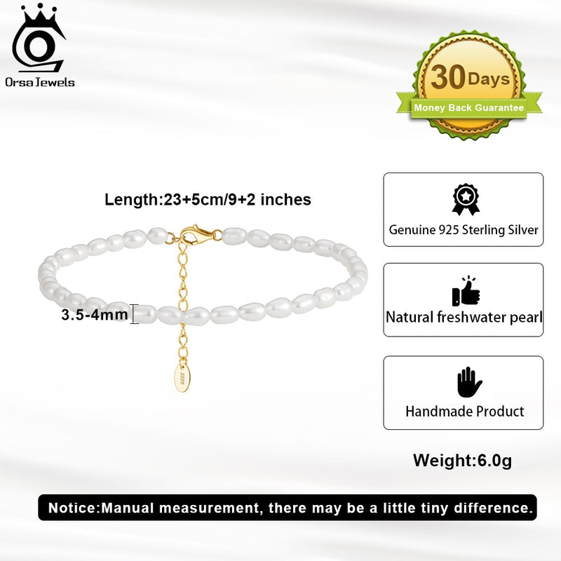 925 Sterling Silver Natural Rice Pearls Anklets for Women