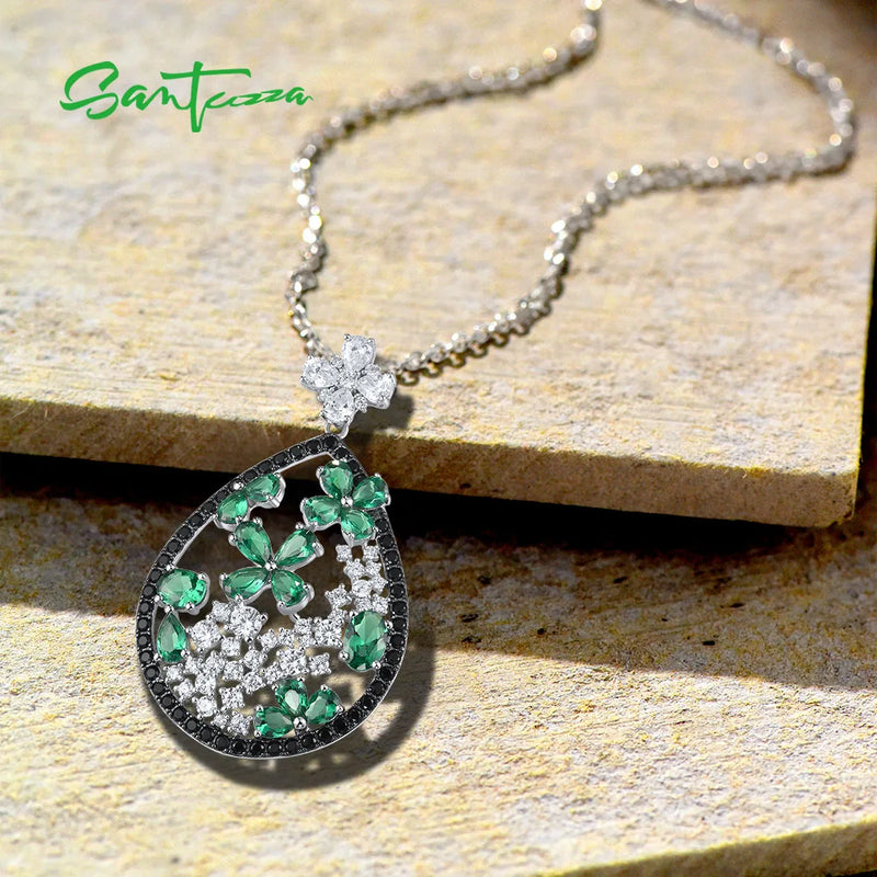 Sterling Silver Green Black Spinel & CZ Flower Pendant for Women