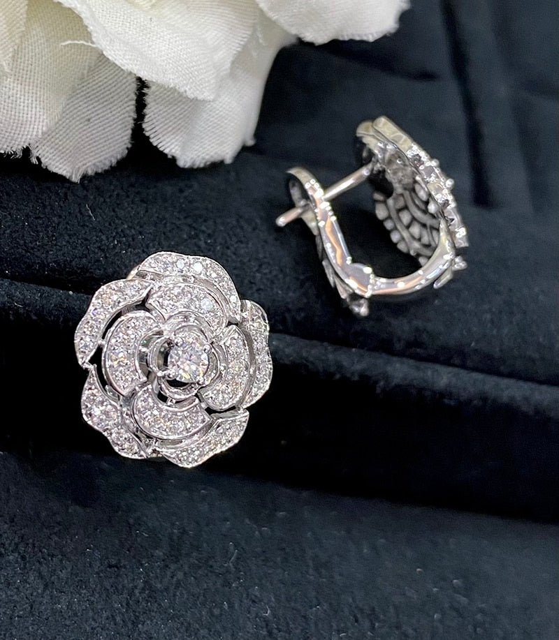 18K White Gold Diamond Stud Earrings, Camellia Flower Shape for Women