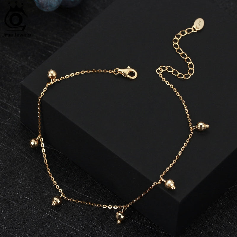 Silver 925 Cable Chain Round Beads Ankle Bracelet for Women