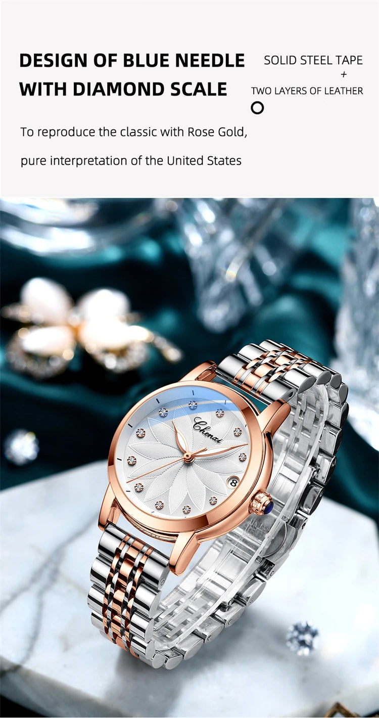 Stainless Steel Diamond Automatic Waterproof Luminous Calendar Watch for Men