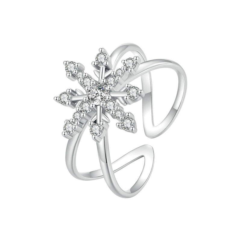 925 Sterling Silver Fantasy Snowflake Opening Geometric Adjustable Ring for Women