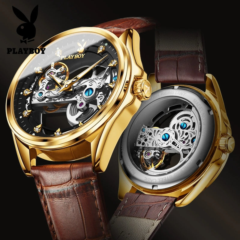 Stainless Steel Hollow Out Automatic Mechanical Watch with Luminous Leather Strap for Men