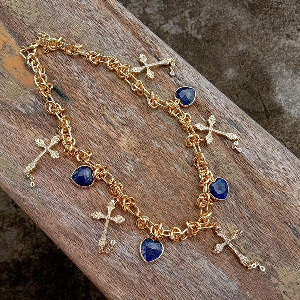 Y.YING Gold Color Plated Chain Necklace Blue Lapis Heart Shaped Crucifix Cz Pave Charm
