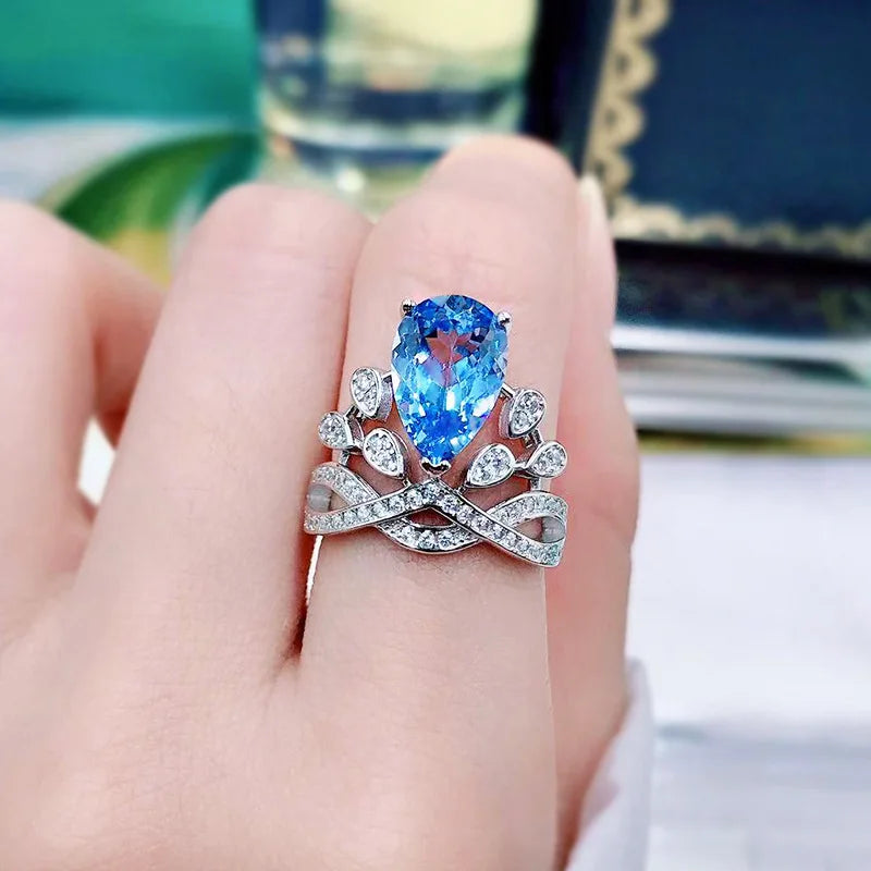 Sterling Silver Blue Topaz Crown Ring for Women