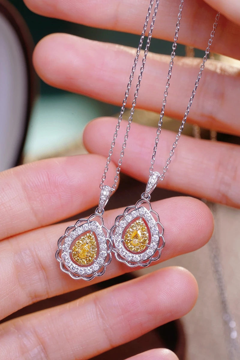 18K White Gold Natural Yellow Diamond Water Drop Necklace for Women